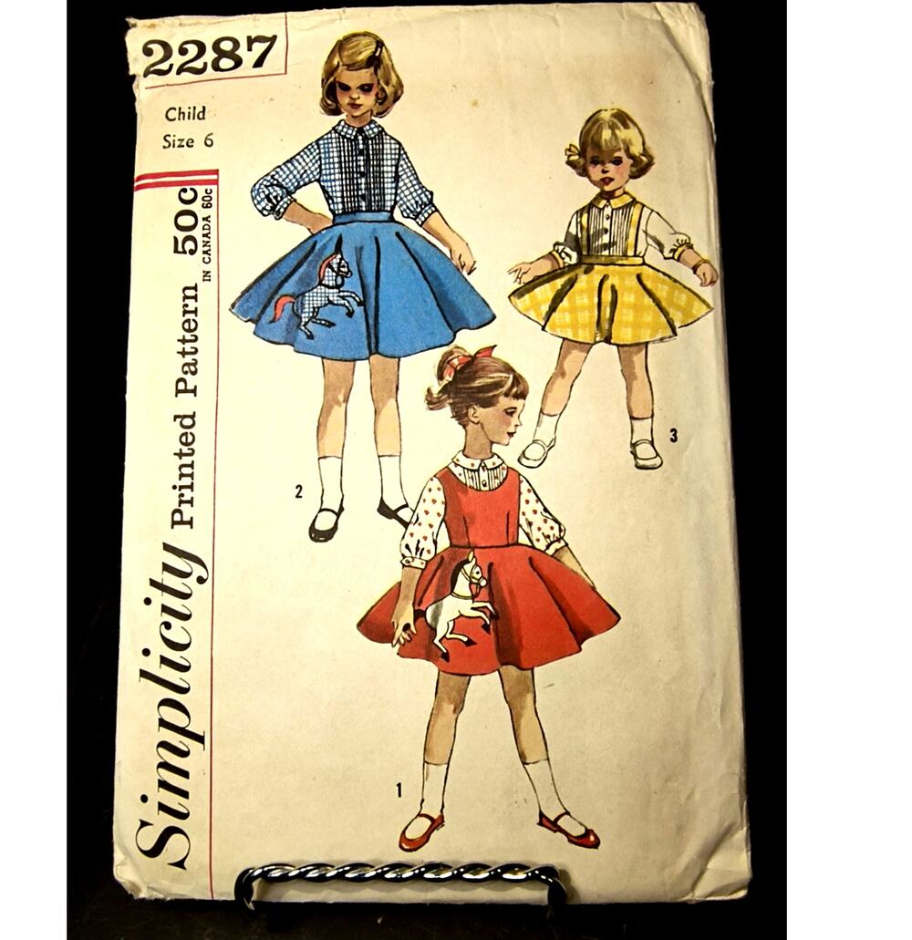 1909.  Vintage Simplicity Sewing Pattern 2287 Girls Size 6 with Pony Iron Ons